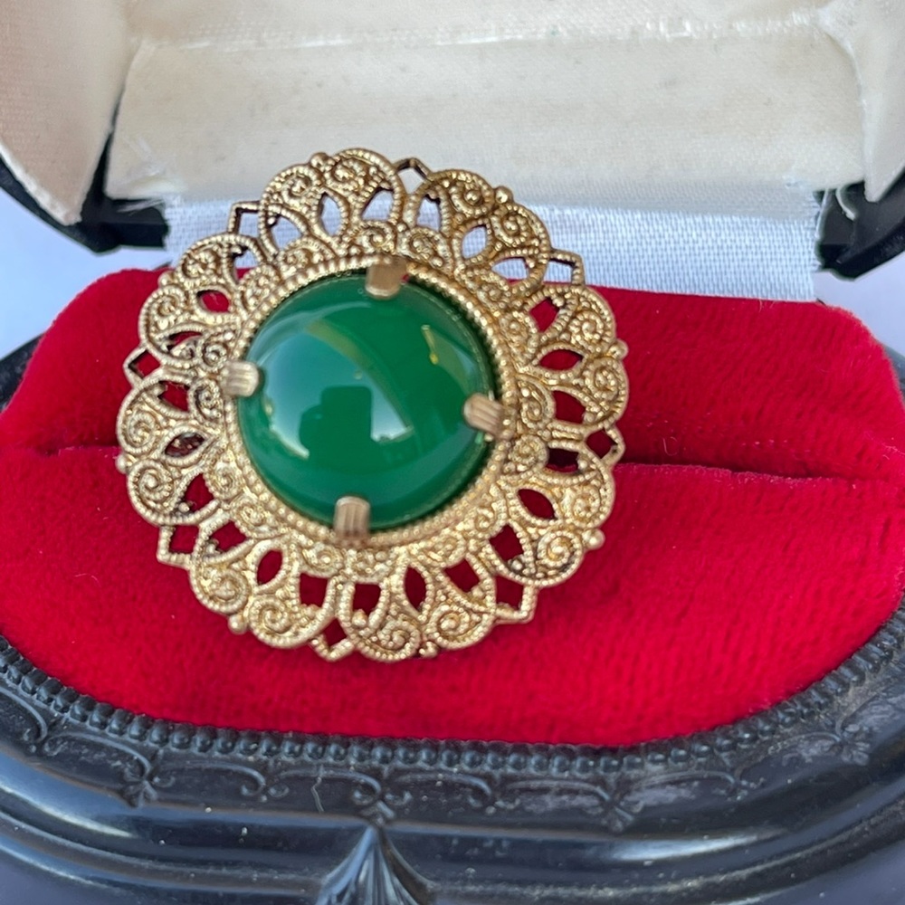 Vintage Signed Made In Germany Ring Green Stone in Gold- tone